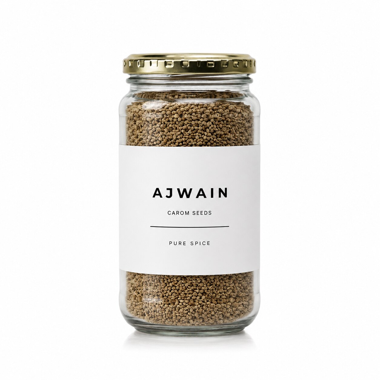 Ajwain carom seeds in a Madame Masala glass jar