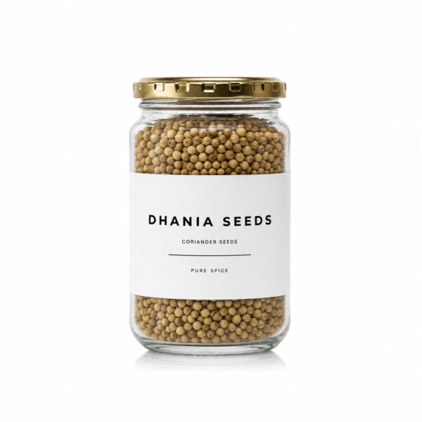 Dhania coriander seeds in a Madame Masala glass jar