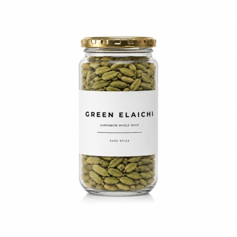 Green elaichi cardamom pods in a Madame Masala glass jar
