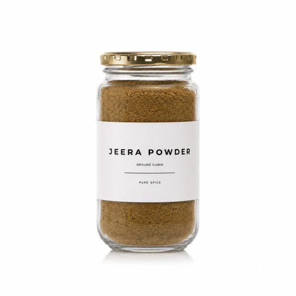 Jeera Powder ground cumin in a Madame Masala glass jar
