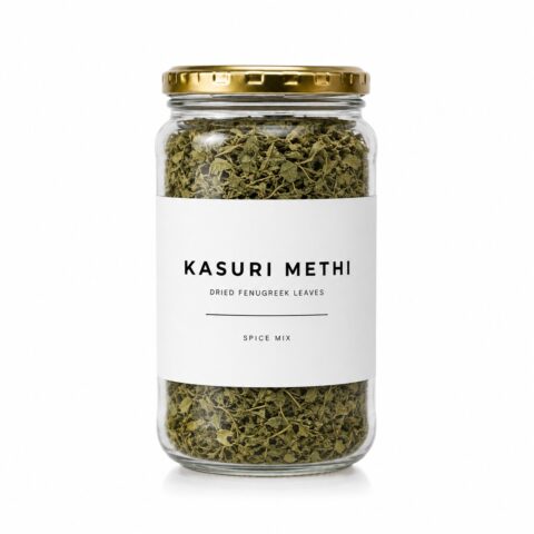Kasuri methi dried fenugreek leaves in a Madame Masala glass jar