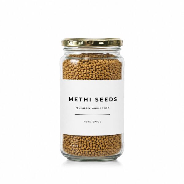 Methi fenugreek seeds in a Madame Masala glass jar