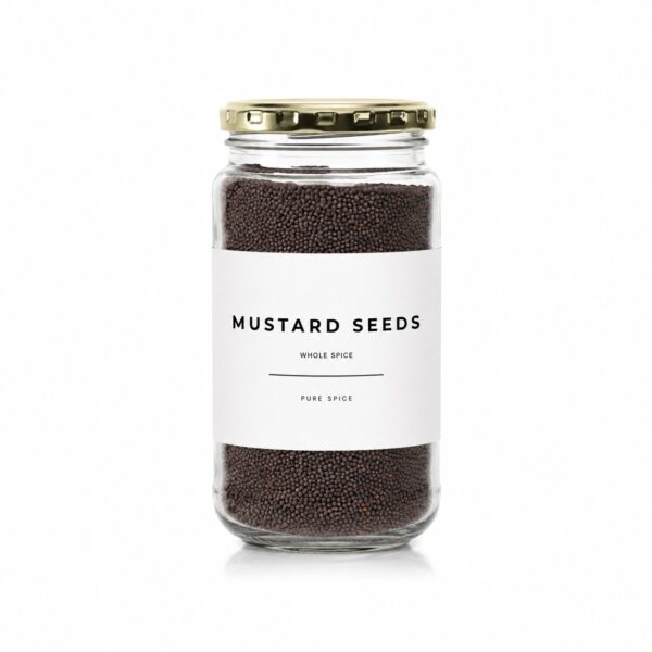 Brown mustard seeds in a Madame Masala glass jar