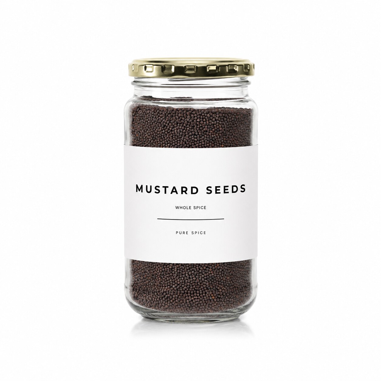 Brown mustard seeds in a Madame Masala glass jar