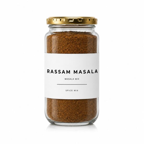 Rassam masala blend in a Madame Masala glass jar