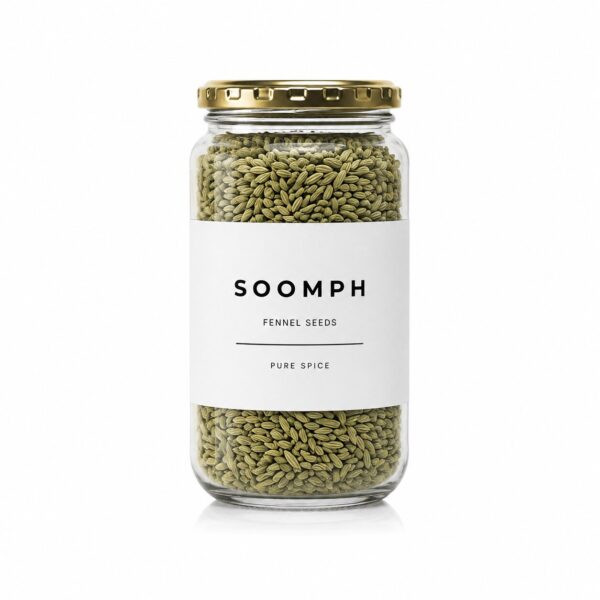 Soomph fennel seeds in a Madame Masala glass jar